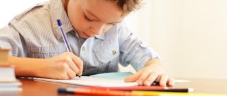 Schoolboy writes in a notebook